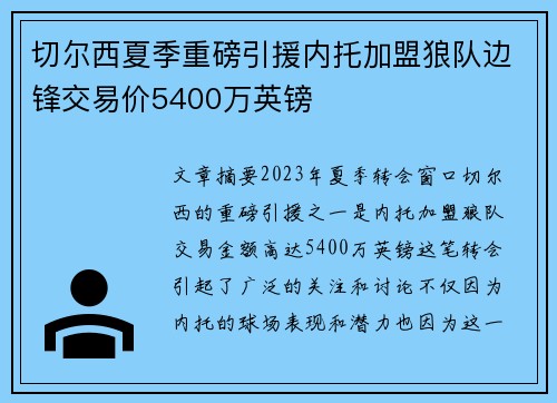 切尔西夏季重磅引援内托加盟狼队边锋交易价5400万英镑